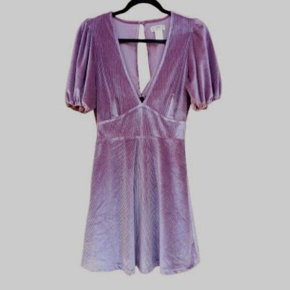 L*SPACE | NWOT Ruby Ribbed Purple Puff Sleeve Velvet Mini Dress In Iris Y2K M - Picture 2 of 12
